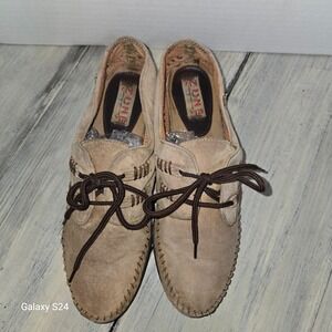 Zune Tan Suede Moccasin Oxfords‎ Lace Up Whipstitch Flats Boho Shoes Women 9W
